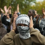 Um manifestante ajusta seu Keffiyeh em 12 de outubro de 2023 [DIMITAR DILKOFF/AFP via Getty Images]