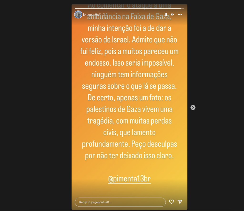 O pedido de desculpas de Pontual(Foto: Instagram)
