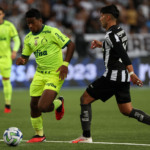 O jogador Endrick, da SE Palmeiras, disputa bola com o jogador do Botafogo FR, durante partida válida pela trigésima primeira rodada, do Campeonato Brasileiro, Série A, no Estádio Nilton Santos. (Foto: Cesar Greco/Palmeiras/by Canon)