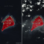 Nesta comparação, a imagem à esquerda, adquirida em 18 de outubro de 2023 pelo Landsat-9, mostra a área ao redor de Iwo Jima como era antes do início da erupção. Na imagem à direita, de 3 de novembro, a nova pequena ilha pode ser vista a cerca de um km da costa sul de Iwo Jima. Créditos: ESA/USGS