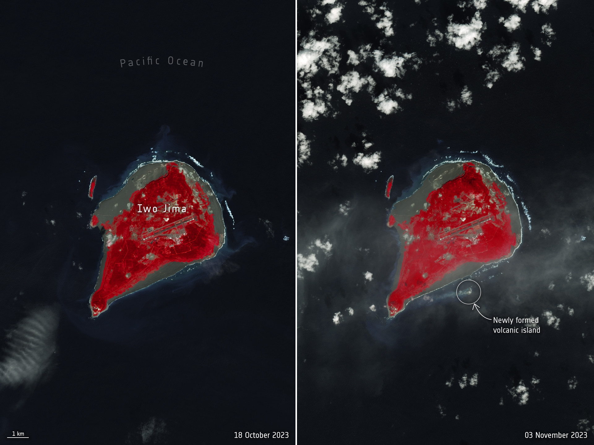 Nesta comparação, a imagem à esquerda, adquirida em 18 de outubro de 2023 pelo Landsat-9, mostra a área ao redor de Iwo Jima como era antes do início da erupção. Na imagem à direita, de 3 de novembro, a nova pequena ilha pode ser vista a cerca de um km da costa sul de Iwo Jima. Créditos: ESA/USGS