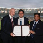 Gianni Infantino, presidente da FIFA; André Fufuca, ministro do Esporte; Ednaldo Rodrigues, presidente da CBF - Foto: Miguel Schincariol/FIFA