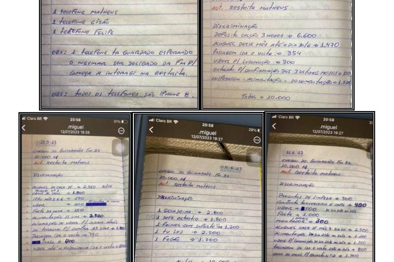 Anotações de gastos do PCC para “missão Brasília” encontrada por investigadores. Foto: Reprodução
