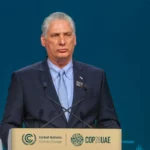 Presidente de Cuba, Miguel Díaz-Canel, durante a Conferência das Nações Unidas sobre as Mudanças Climáticas (COP) em Dubai, Emirados Árabes Unidos, em 1° de dezembro de 2023 [Karim Sahib/AFP]