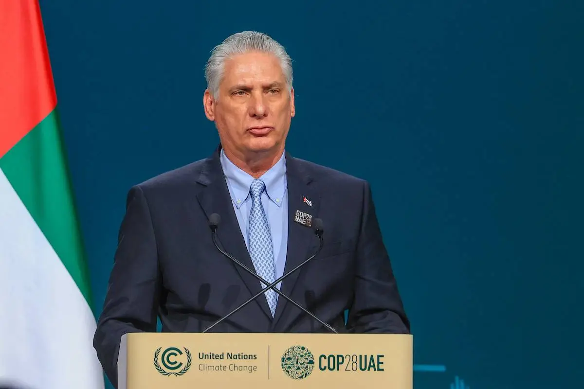 Presidente de Cuba, Miguel Díaz-Canel, durante a Conferência das Nações Unidas sobre as Mudanças Climáticas (COP) em Dubai, Emirados Árabes Unidos, em 1° de dezembro de 2023 [Karim Sahib/AFP]