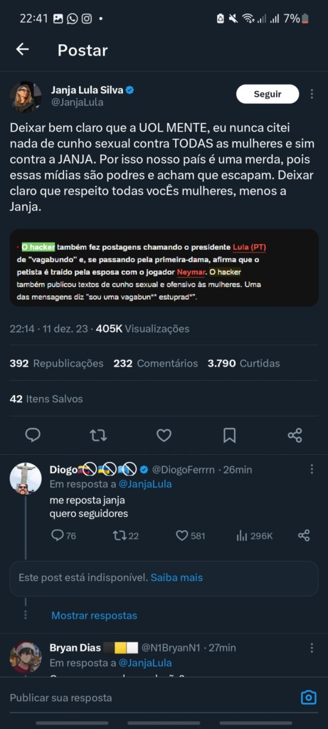 Hacker usou conta da primeira-dama Janja para publicar ofensas - Reprodução