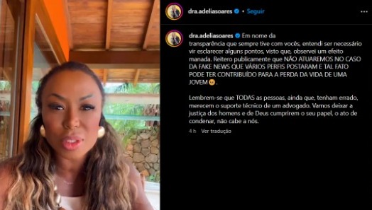 Publicação em que Adélia diz que não atuará no caso da Choquei - Foto: Reprodução