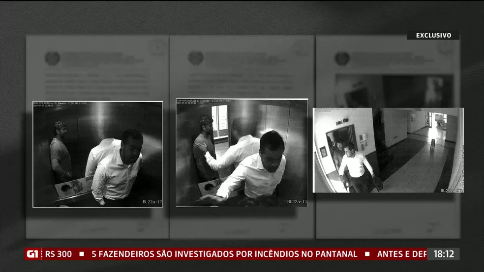 Flávio Chadud e Cláudio Castro deixaram o elevador, por volta de 10h33; Castro leva uma mochila na mão — Foto: Reprodução/GloboNews


