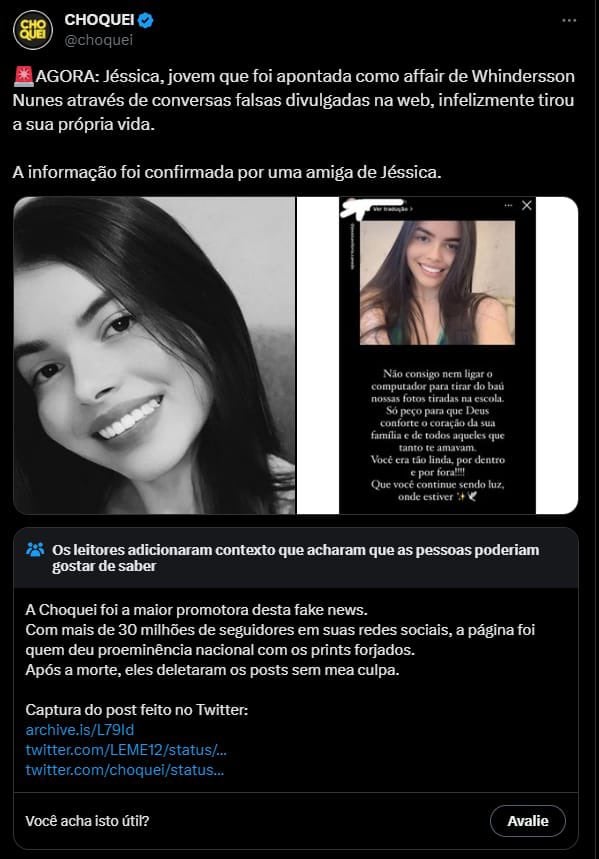 Aviso no X sobre fake news compartilhada pela Choquei
