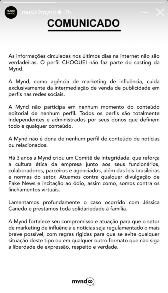 Comunicado da Mynd. Foto: Reprodução
