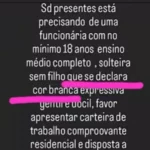 Print de anúncio de vaga de emprego feito por loja SD Presentes. Foto: Reprodução