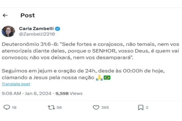 Zambelli diz que faz jejum de 24 horas no 8 de janeiro - Foto: Reprodução
