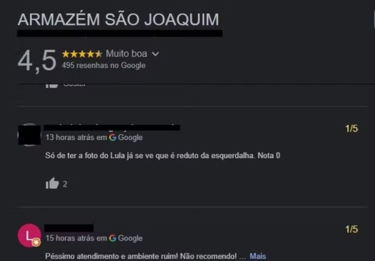 Bolsonaristas avaliam bar atacado por vândalo negativamente no Google. Foto: Reprodução