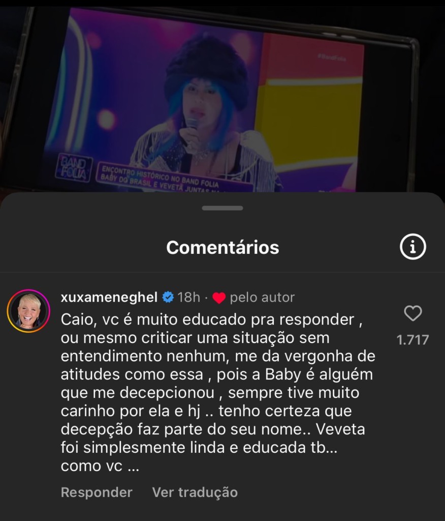 Comentário de Xuxa sobre episódio envolvendo Ivete Sangalo e Baby do Brasil. Foto: reprodução
