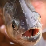 Homem segura piranha, espécie de peixe carnívoro de água doce. Foto: reprodução/TV Globo