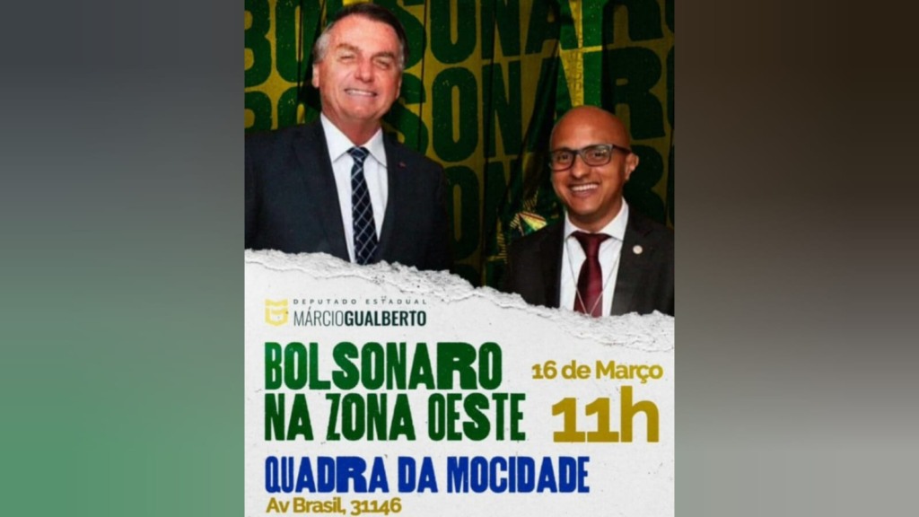 Card de divulgação do evento que levará Bolsonaro à quadra da Mocidade Independente de Padre Miguel. Reprodução
