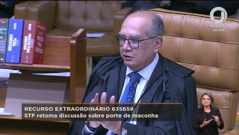 O ministro Gilmar Mendes durante discussão sobre o porte de maconha no STF. Foto: Reprodução