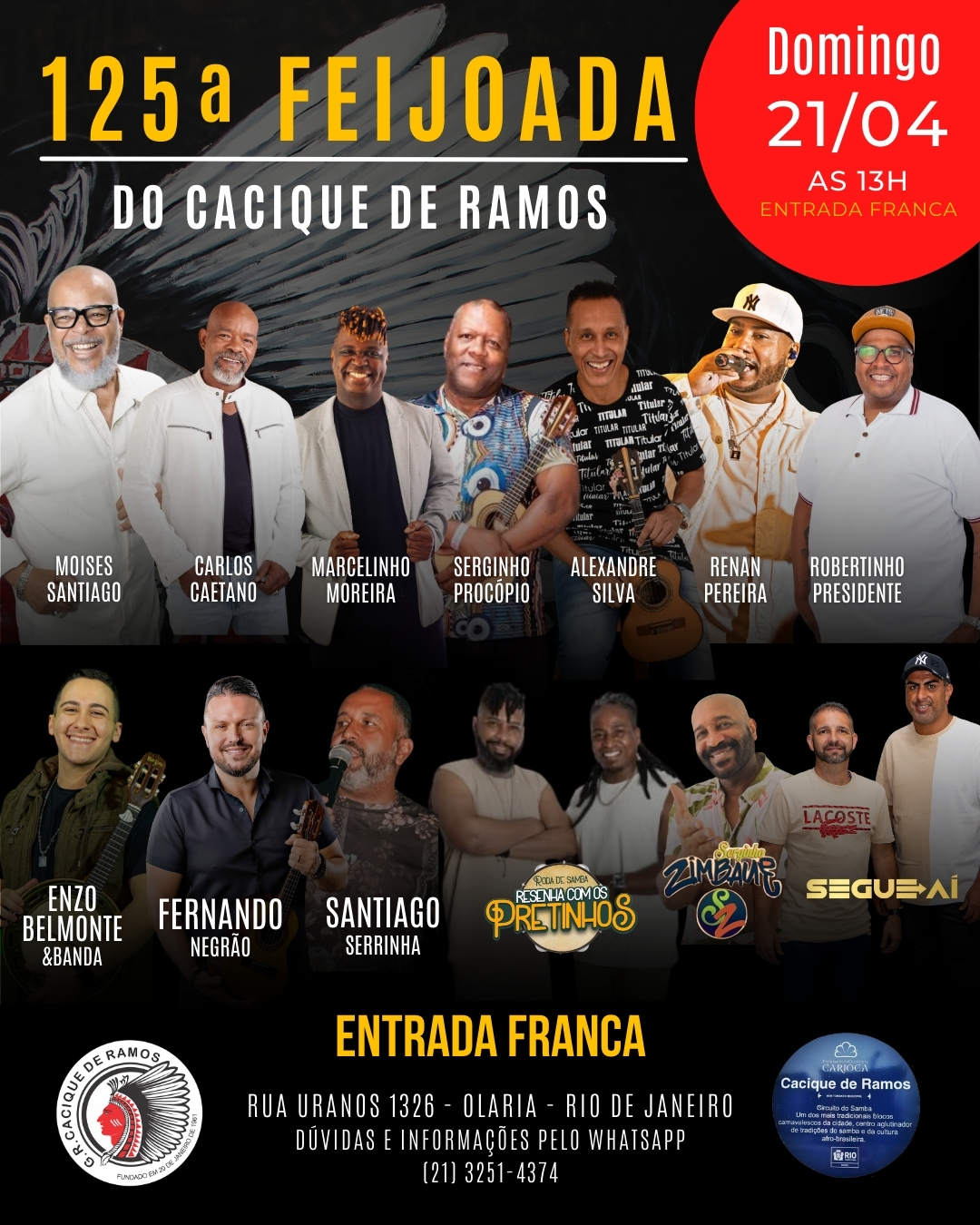 Festa no Cacique de Ramos: 30 Anos do Samba ‘Vai lá, vai lá’ e São Jorge são destaques da 125ª feijoada do bloco.