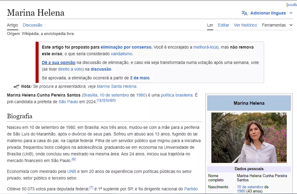 Página de Marina Helena no site Wikipédia. Foto: reprodução
