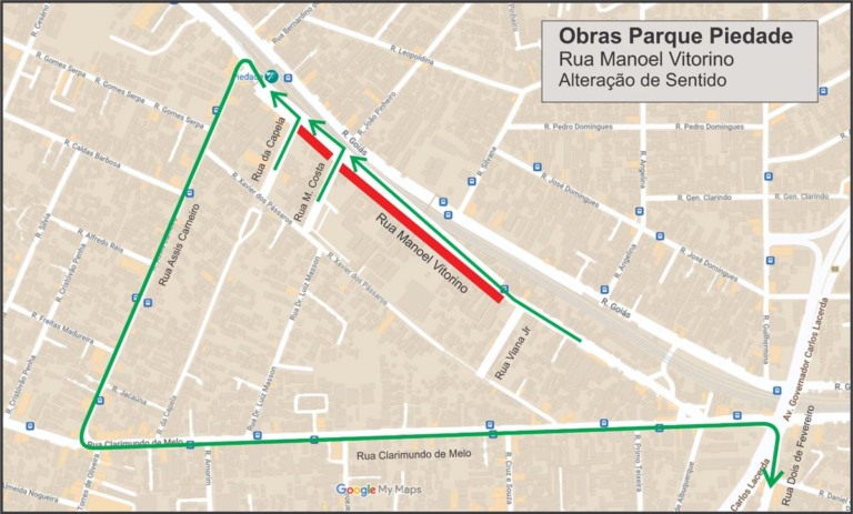 Parque Piedade: esquema de trânsito para a nova etapa da obra na Rua Manoel Vitorino a partir de sábado (04/05)