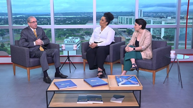 Eduardo Cunha, Basília Rodrigues e Larissa Rodrigues nos estúdios CNN Brasil em Brasília. Divulgação/CNN Brasil