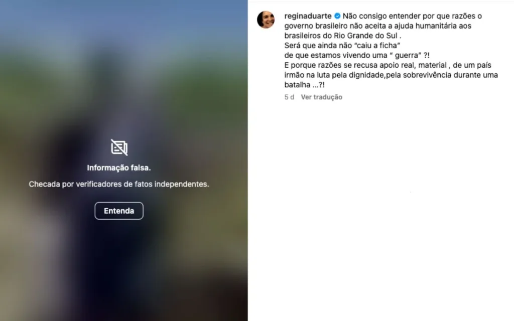Publicação de Regina Duarte recebe aviso de “informação falsa”. Foto: Reprodução/Instagram
