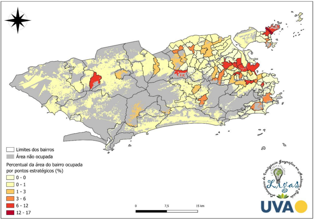 Percentual da área do bairro ocupada por pontos estratégicos
