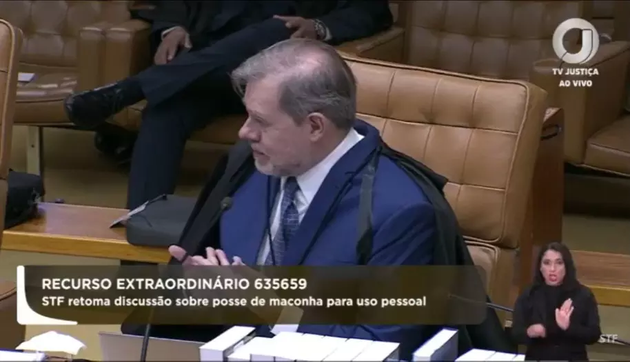 O ministro Dias Toffoli durante julgamento sobre a descriminalização do porte da maconha para uso pessoal no Supremo Tribunal Federal (STF). Foto: Reprodução