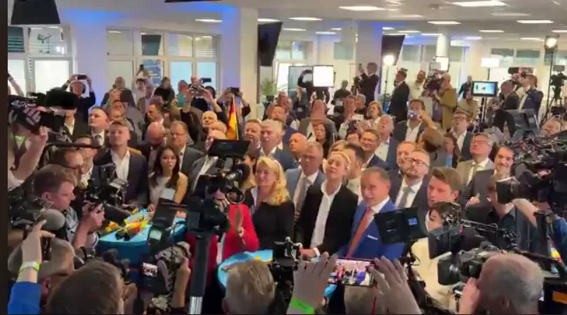 Líderes do partido Alternativa para a Alemanha (AfD) comemorando os resultados das eleições europeias. (Foto: Reprodução/X )