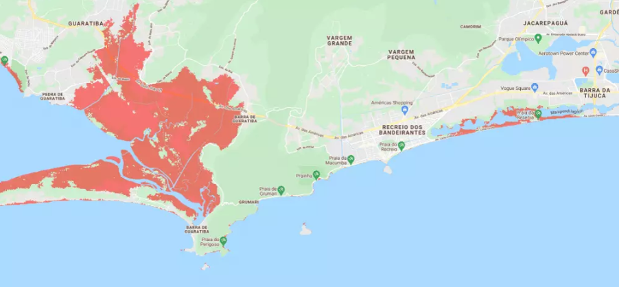 Legenda: Mapa mostra as áreas de Sepetiba a Guaratiba que podem ficar submersas até 2030, destacadas em escuro.

