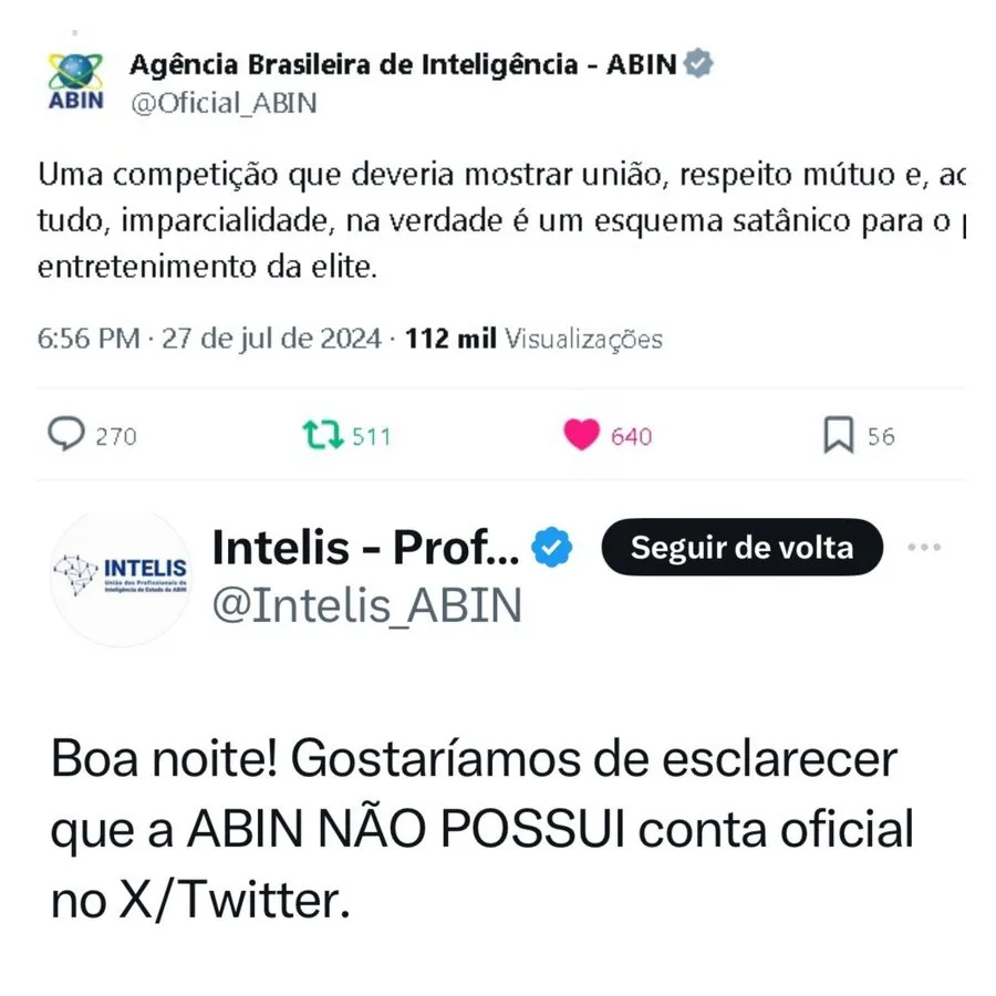 Perfil falso da Abin ganha selo verificado no X

