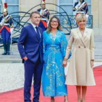 Janja da Silva recebida por Emmanuel e Brigitte Macron na abertura das Olimpíadas de Paris 2024.