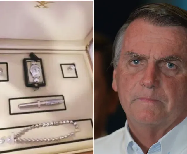 O kit de joias conhecido como “ouro branco” e o ex-presidente Jair Bolsonaro. Foto: Reprodução