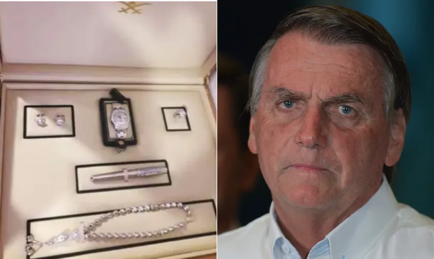 O kit de joias conhecido como “ouro branco” e o ex-presidente Jair Bolsonaro. Foto: Reprodução