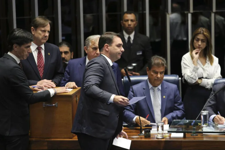 O senador Flávio Bolsonaro no plenário do Senado Senado inicia novamente o processo de votação