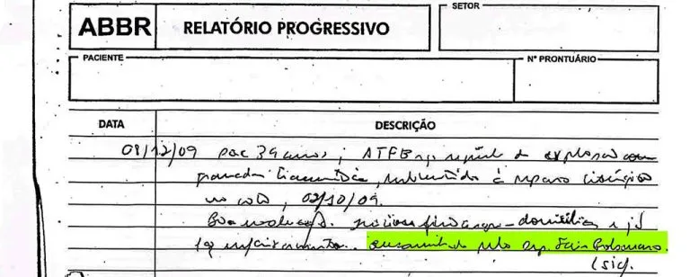 Prontuário médico do ex-PM Ronnie Lessa de 2009 aponta indicação de Jair Bolsonaro. Foto: Reprodução
