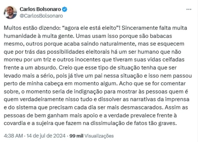 Reprodução/X Carlos Bolsonaro
