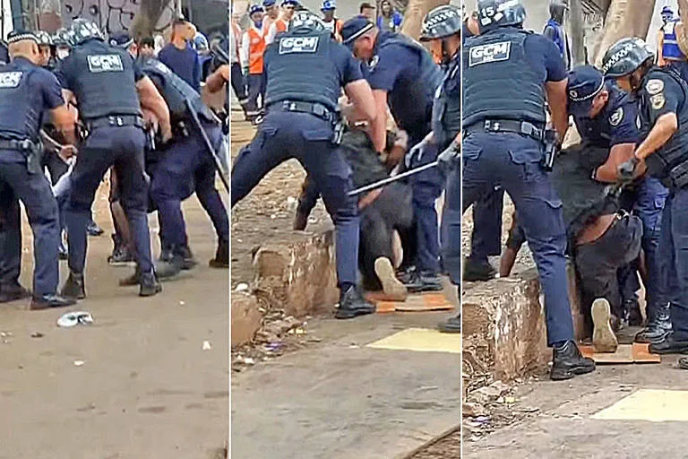 Agentes da GCM durante abordagem violenta no viaduto do Glicério