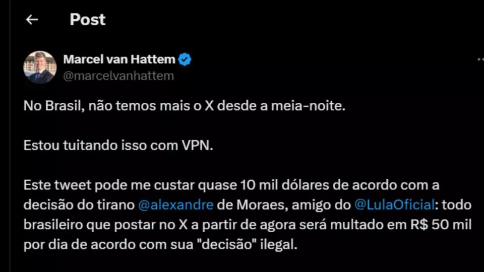 Publicação feita pelo deputado federal Marcel Van Hattem. Foto: Divulgação