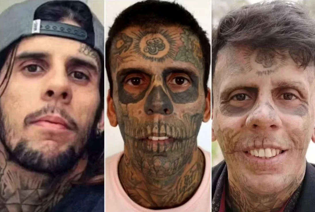 Fotomontagem mostra antes e depois do rosto de homem mais tatuado do Brasil