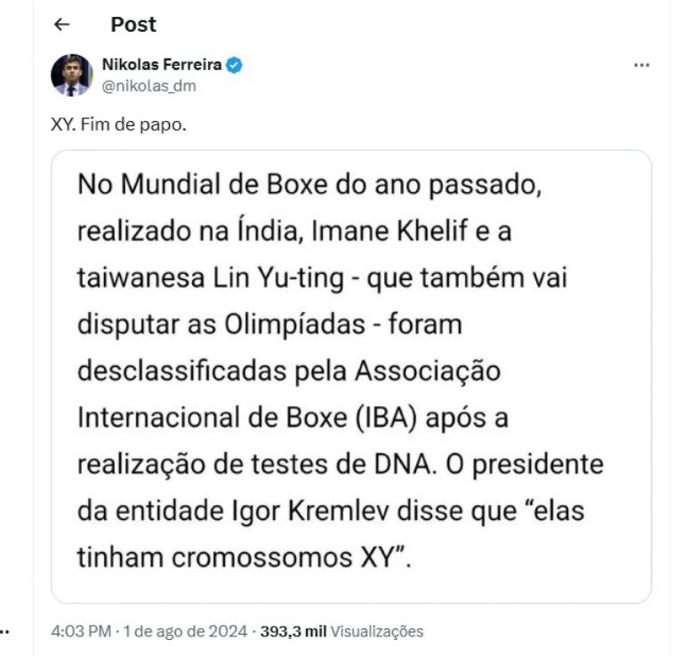 Nikolas Ferreira é desmascarado por Tiago Santineli após propagar fake news sobre boxeadora Imane Khelif, tornando-se motivo de chacota nas redes sociais.