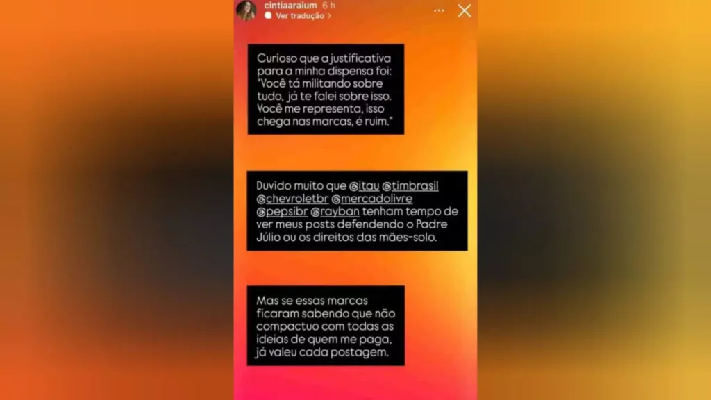 Stories postado no Instagram pela ex-assessora de Mion. Reprodução
