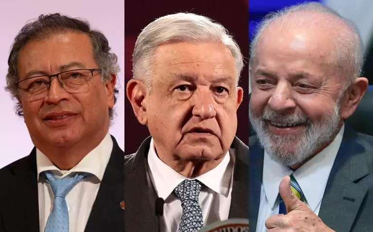 Os presidentes de Colômbia, México e Brasil: Gustavo Petro, López Obrador e Luiz Inácio Lula da Silva. Fotomontagem