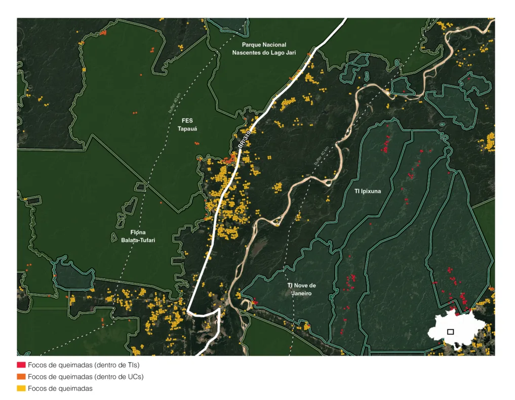 Imagem: Google. Fonte dados queimadas: Inpe. Visualização: Carolina Passos/InfoAmazonia
