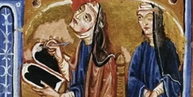 Embora o papel feminino na fabricação de cerveja seja historicamente desprezado, hoje sabe-se que a cerveja atual, à base de lúpulo, foi inventada pela abadessa beneditina alemã Hildegarda de Bingen (ao centro na imagem), que também é conhecida como a primeira mulher a descrever o orgasmo feminino, canonizada apenas em 2012. Imagem: Reprodução, CC BY