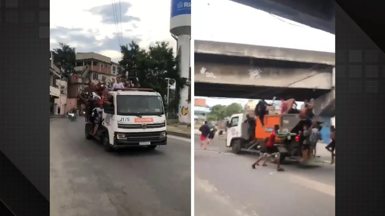 Caminhão da Comlurb é invadido no Complexo da Maré. Foto: Reprodução / redes sociais