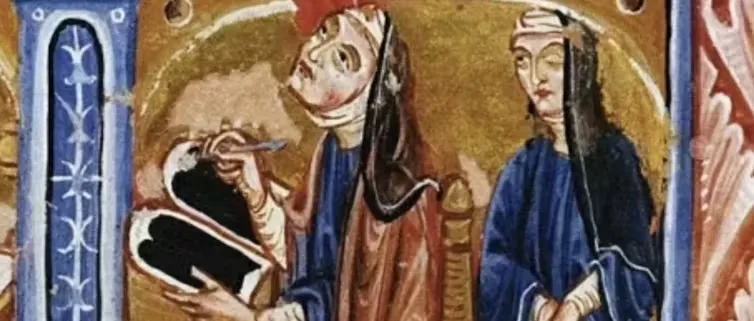 Embora o papel feminino na fabricação de cerveja seja historicamente desprezado, hoje sabe-se que a cerveja atual, à base de lúpulo, foi inventada pela abadessa beneditina alemã Hildegarda de Bingen (ao centro na imagem), que também é conhecida como a primeira mulher a descrever o orgasmo feminino, canonizada apenas em 2012. Imagem: Reprodução, CC BY