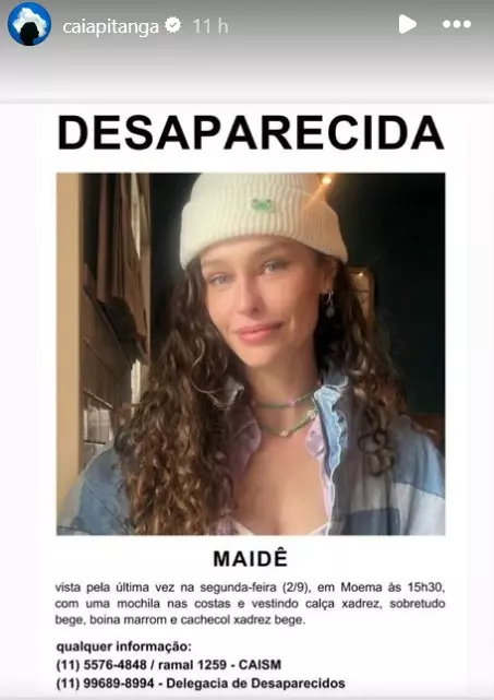 Publicação da atriz Camila Pitanga nos stories de seu perfil no Instagram sobre o desaparecimento de Maidê – Foto: Reprodução
