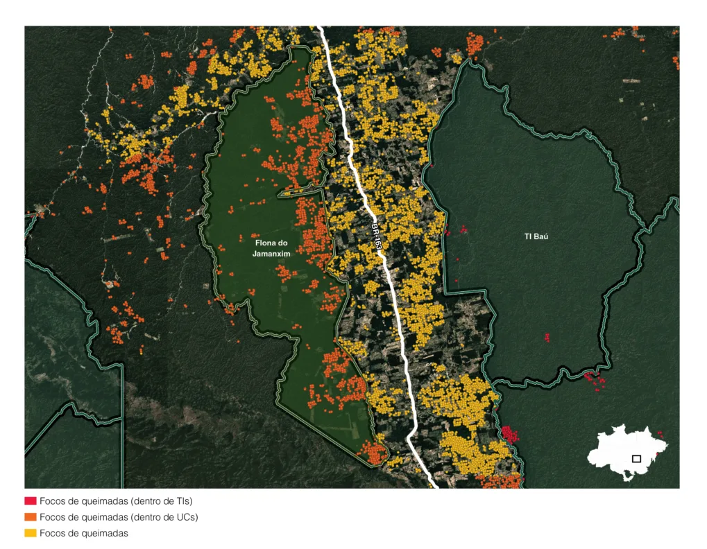 Imagem: Google. Fonte queimadas: Inpe. Visualização: Carolina Passos/InfoAmazonia
