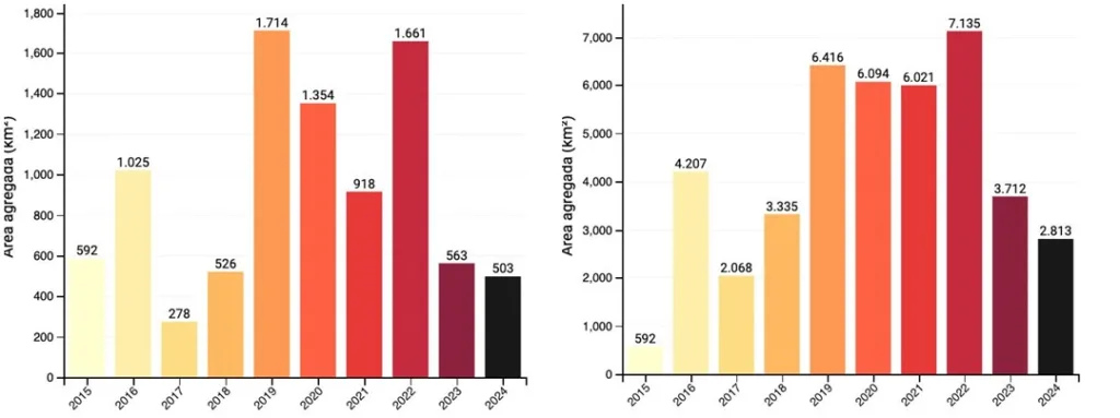 À esquerda, o comparativo de desmatamento na Amazônia entre os meses de agosto ano a ano. À direita, os dados de janeiro a agosto nos últimos anos. Fonte: DETER / INPE
